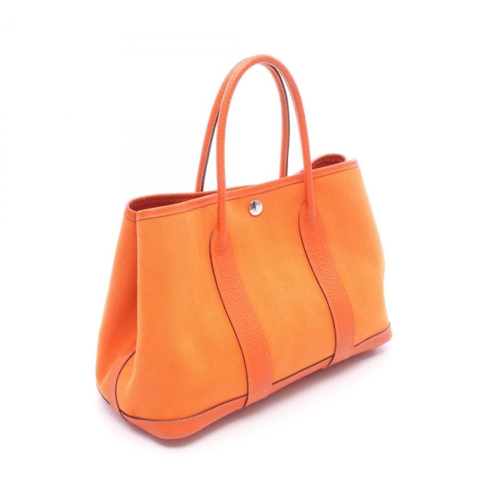 Hermes Garden Party TPM Tote Bag Handbag Leather Toile Chevron Women's Orange - Picture 2 of 11